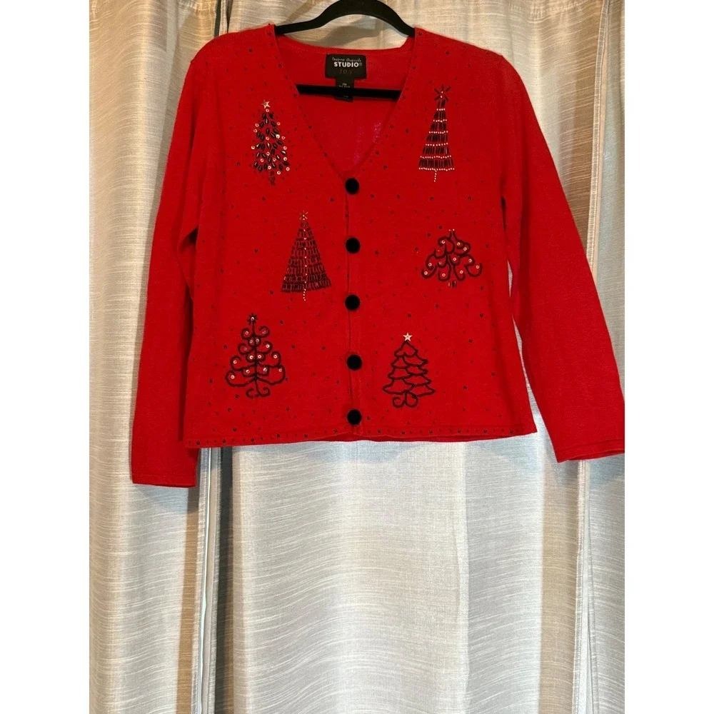 VTG 90s Designer Originals Studio Joy Red Embellished Beaded Christmas Cardigan